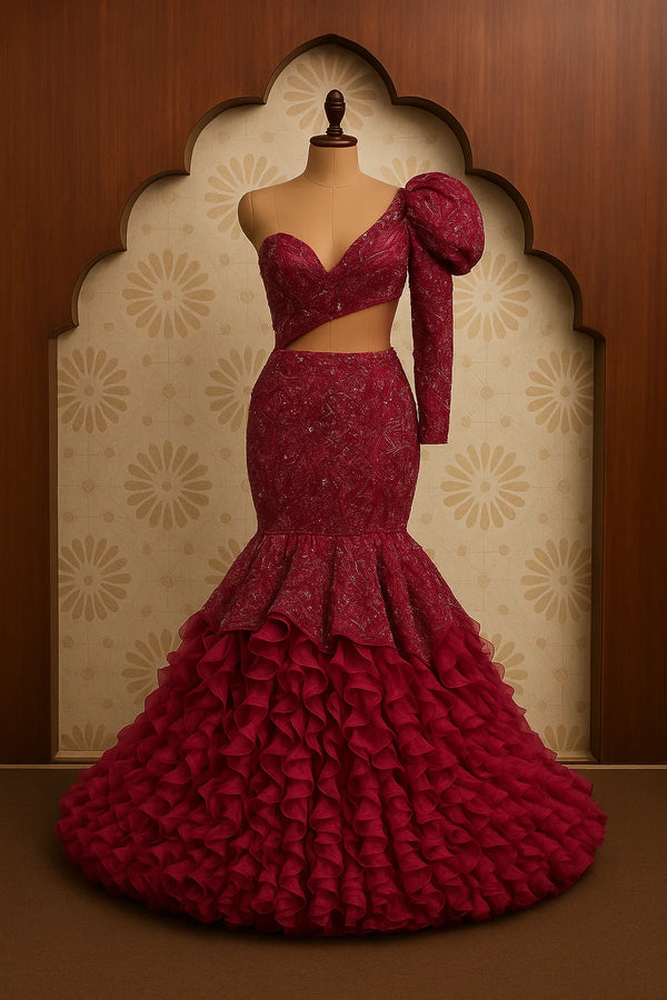 Crimson Ruffle Mermaid Gown with Embellished One-Shoulder Blouse