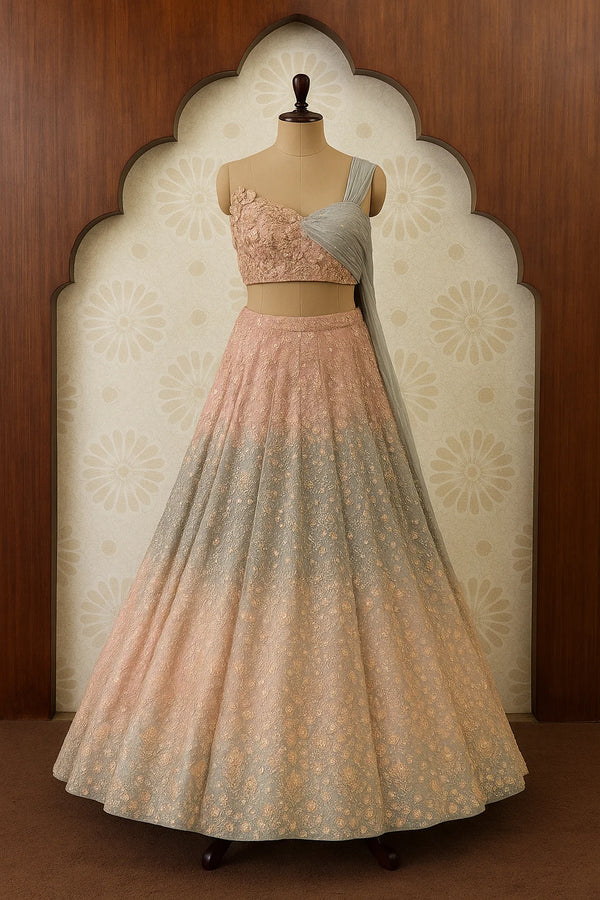 Blush Pink & Dusty Mint Floral Embroidered Lehenga Set