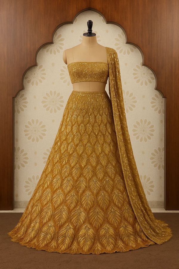 Mustard Gold Sequin peacock Embroidered Lehenga Set