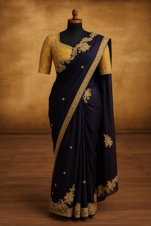 Midnight Majesty Navy & Gold Embroidered Saree