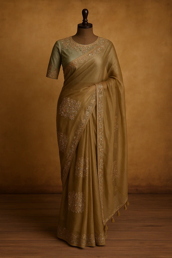 Olive Mist Embroidered Organza Saree