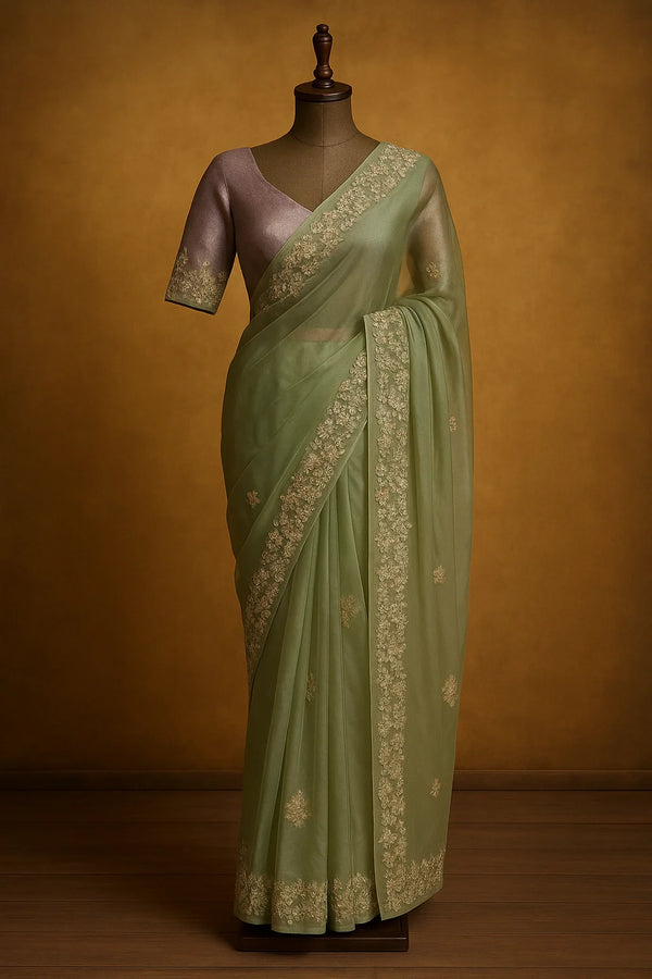 Sage Bloom Embroidered Organza Saree