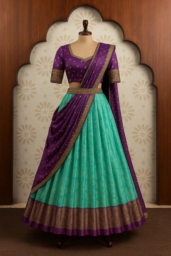 Aqua Blossom Peach Banarasi Lehenga Set