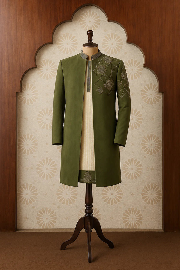 Olive Regal Embroidered Kurta Set