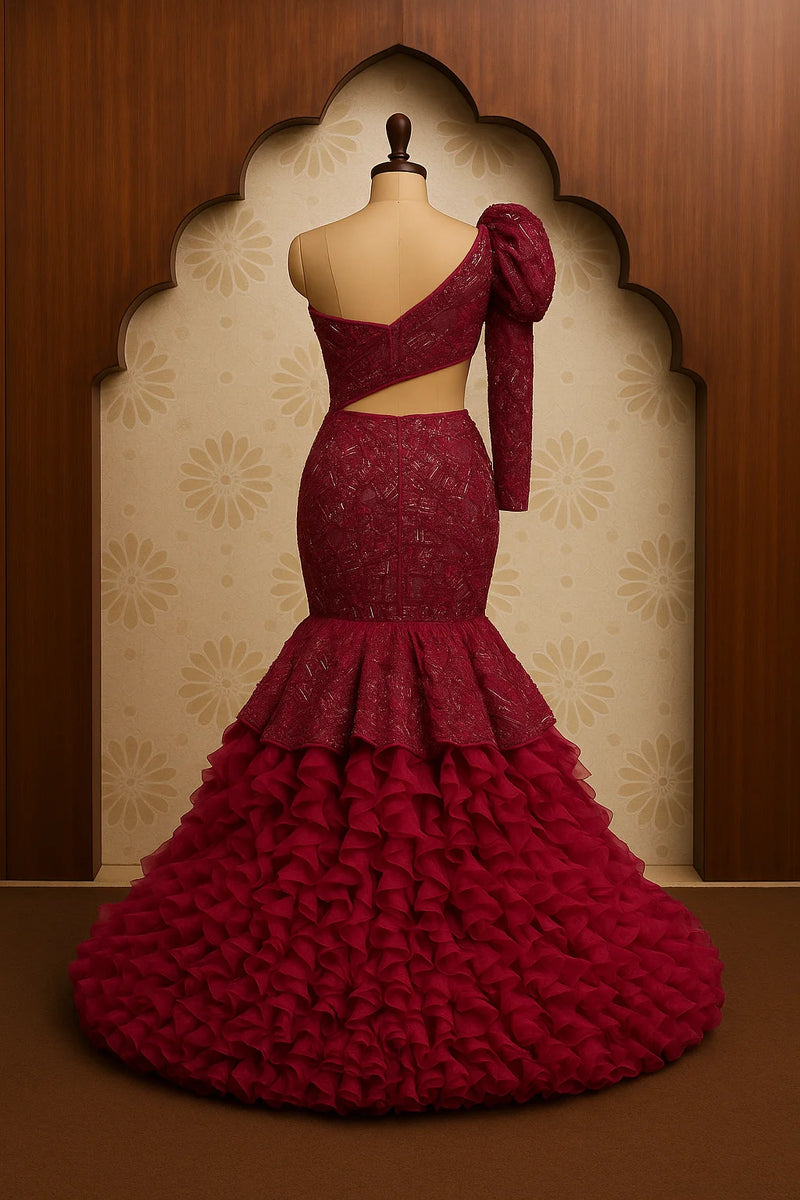 Crimson Ruffle Mermaid Gown with Embellished One-Shoulder Blouse
