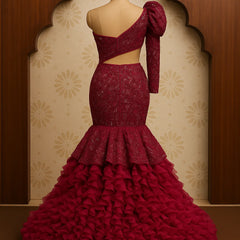 Crimson Ruffle Mermaid Gown with Embellished One-Shoulder Blouse