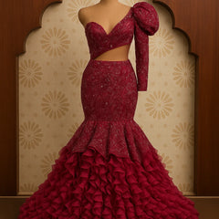 Crimson Ruffle Mermaid Gown with Embellished One-Shoulder Blouse