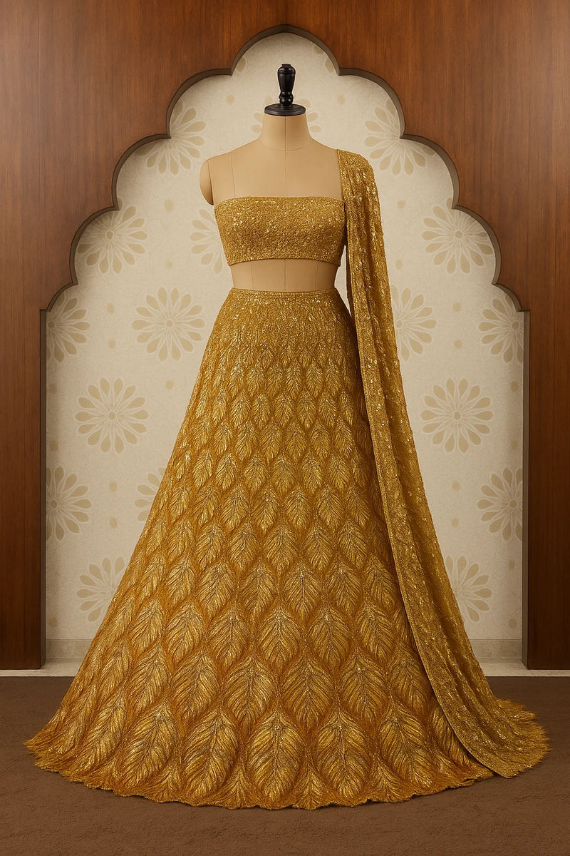 Mustard Gold Sequin peacock Embroidered Lehenga Set