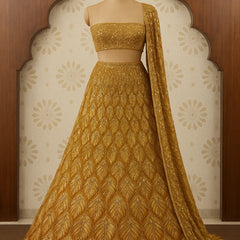 Mustard Gold Sequin peacock Embroidered Lehenga Set