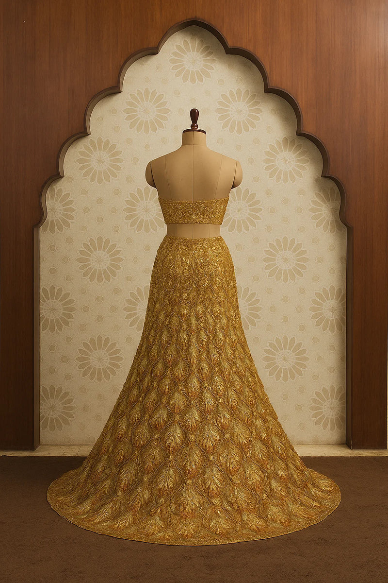 Mustard Gold Sequin peacock Embroidered Lehenga Set Ammra The Couture House Mustard Gold Sequin peacock Embroidered Lehenga Set Ammra The Couture House