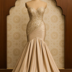 Champagne Sculpted Mermaid Gown with Embroidered Corset Bodice