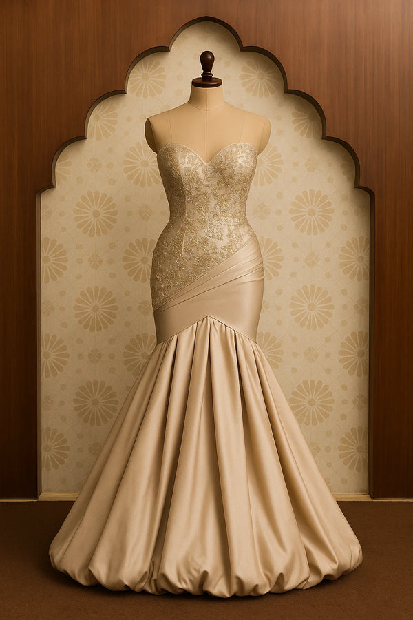 Champagne Sculpted Mermaid Gown with Embroidered Corset Bodice