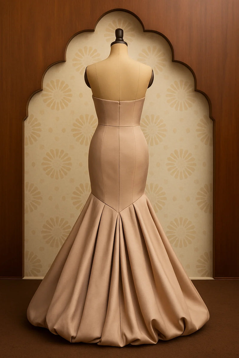 Champagne Sculpted Mermaid Gown with Embroidered Corset Bodice