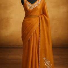 Saffron Serenity Hand-Embroidered Organza Saree