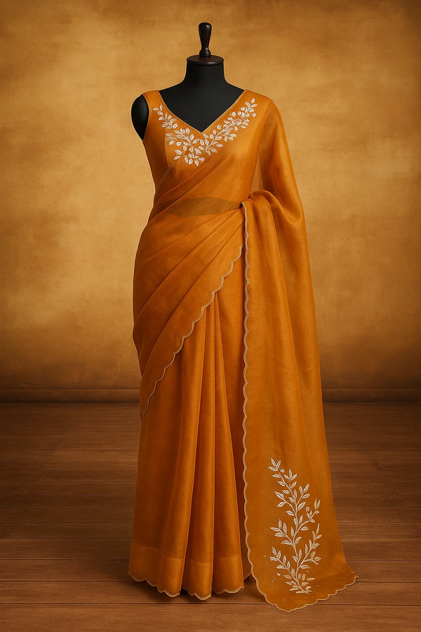 Saffron Serenity Hand-Embroidered Organza Saree