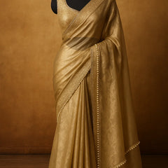 Golden Radiance Brocade Silk Saree with Pearl Detailing
