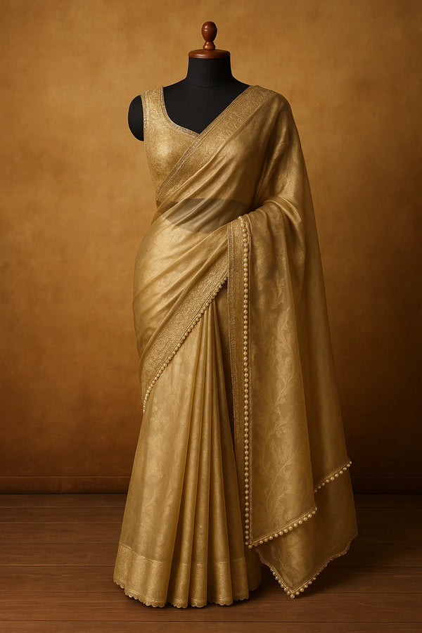 Golden Radiance Brocade Silk Saree with Pearl Detailing