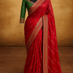 Scarlet Blossom Woven Silk Saree with Contrast Green Blouse