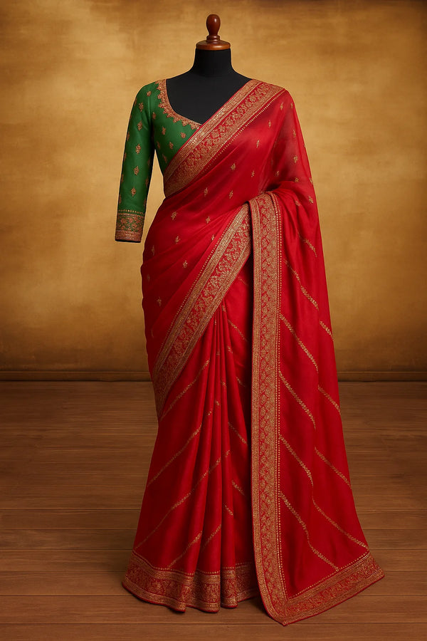 Scarlet Blossom Woven Silk Saree with Contrast Green Blouse