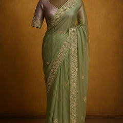 Sage Bloom Embroidered Organza Saree