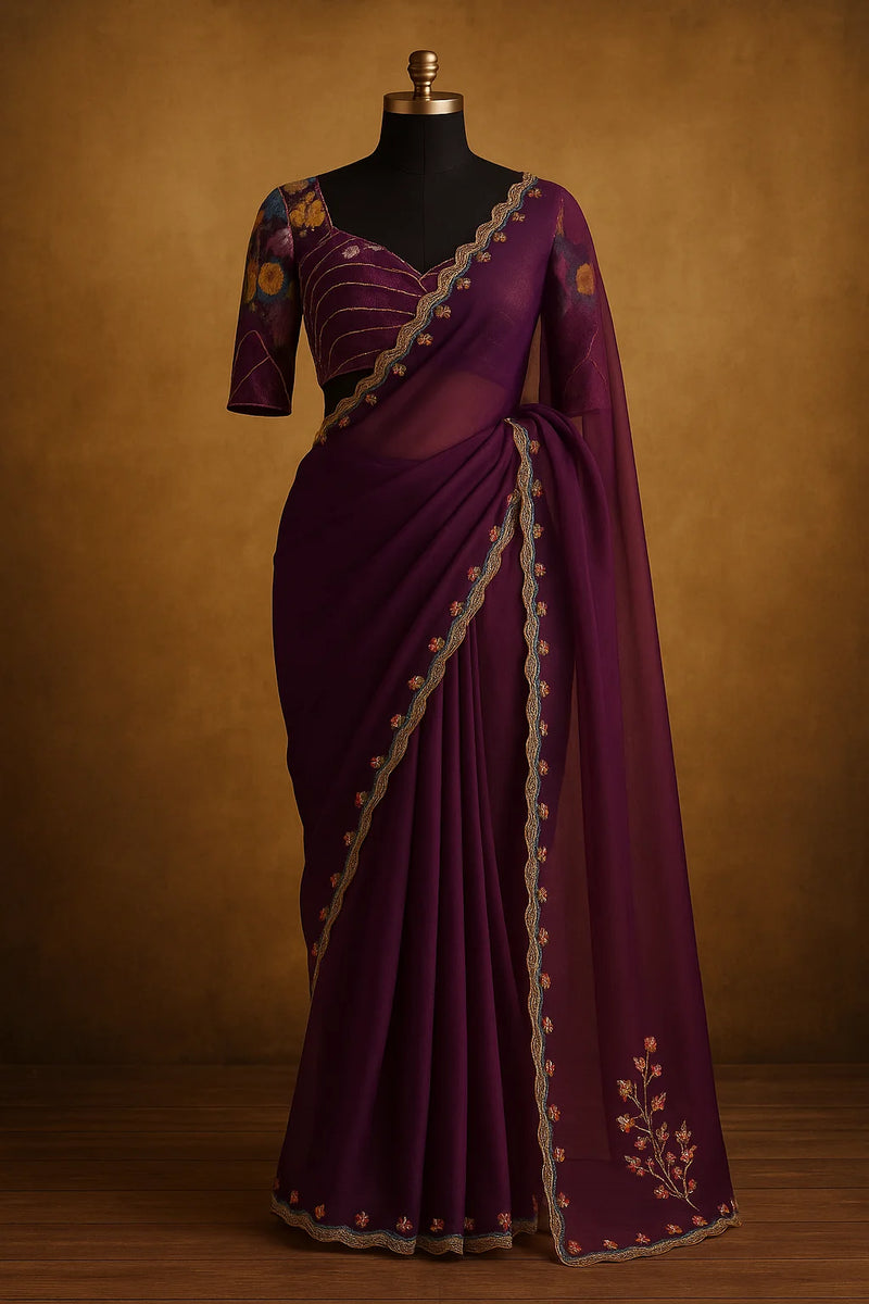 Plum Petals Hand-Embroidered Chiffon Saree