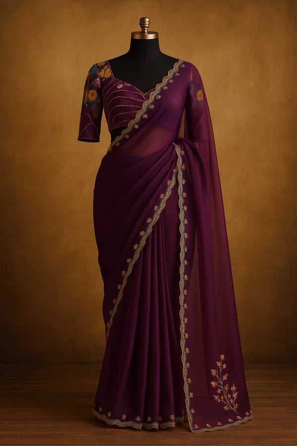 Plum Petals Hand-Embroidered Chiffon Saree