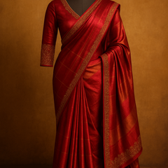 Vermilion Grace Checked Silk Saree with Embroidered Border