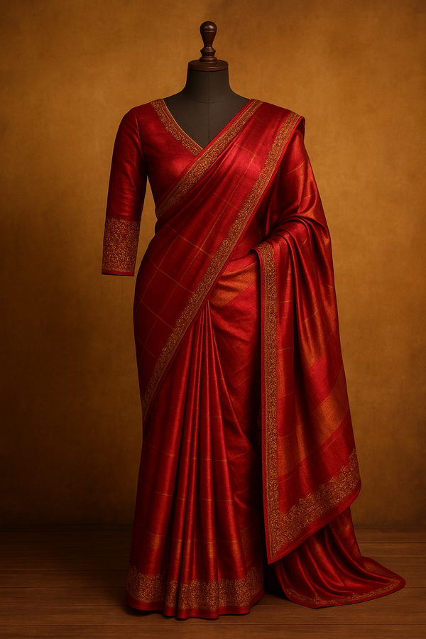 Vermilion Grace Checked Silk Saree with Embroidered Border