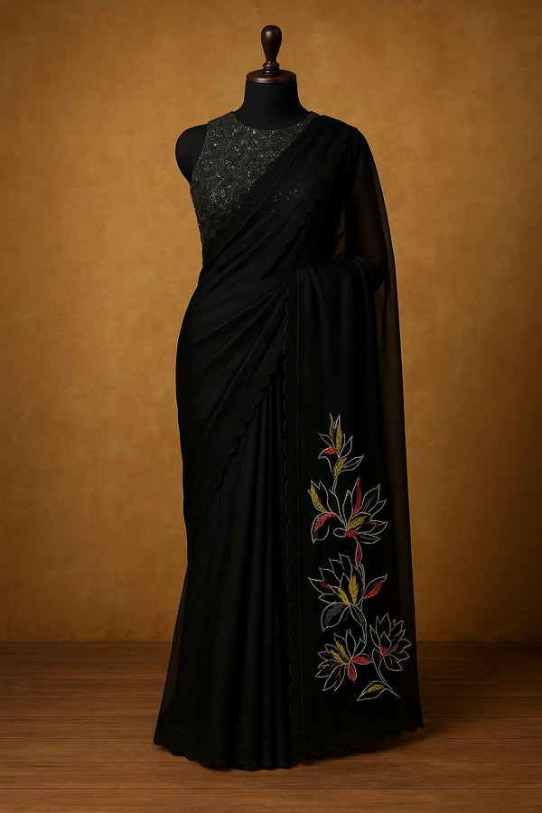 Noir Bloom Embroidered Black Georgette Saree