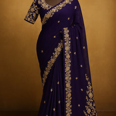 Royal Orchid Purple Saree with Antique Gold Embroidery