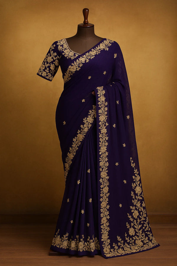Royal Orchid Purple Saree with Antique Gold Embroidery