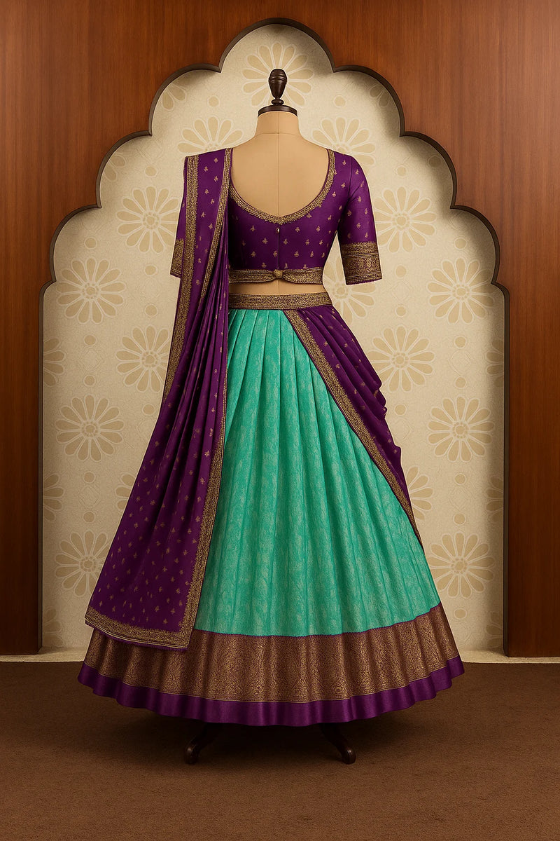 Aqua Blossom Peach Banarasi Lehenga Set
