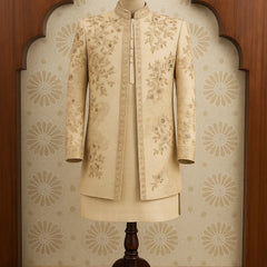 Beige Floral Embroidered Bandhgala Set