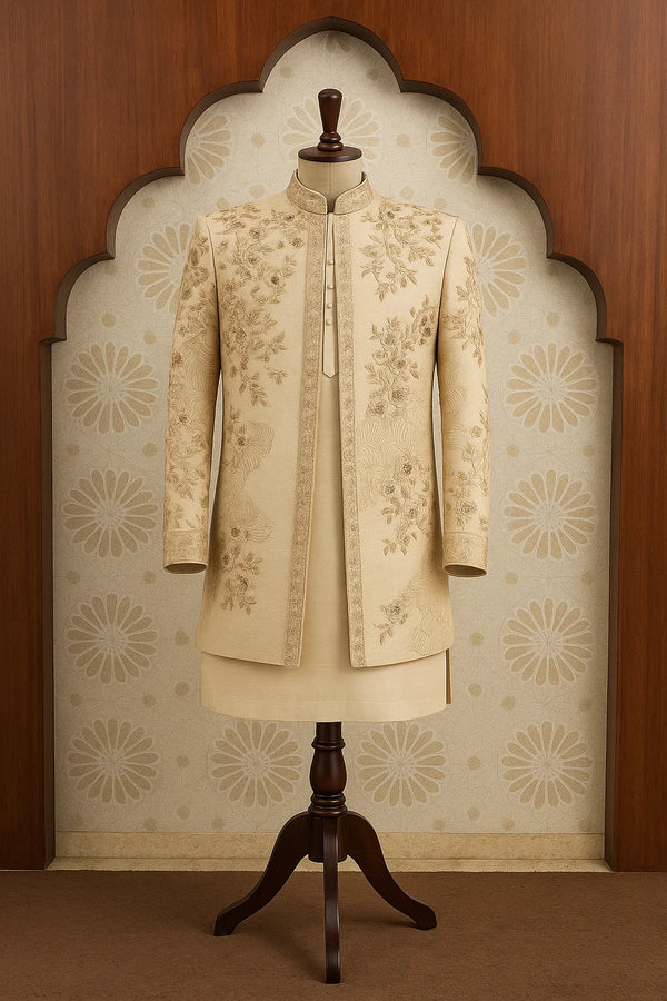 Beige Floral Embroidered Bandhgala Set