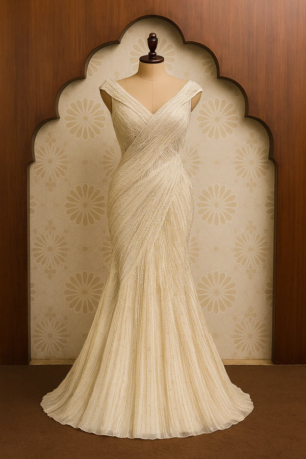 Champagne Elegance Draped Gown