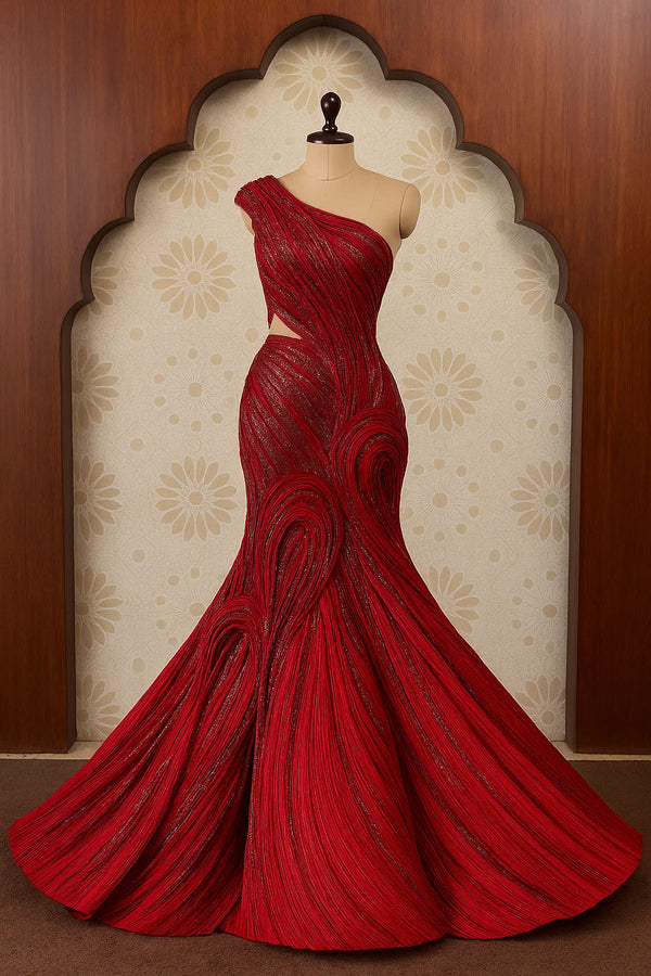 Scarlet Swirl One-Shoulder Gown