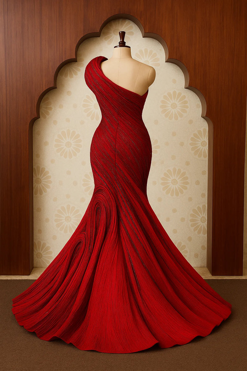 Scarlet Swirl One-Shoulder Gown